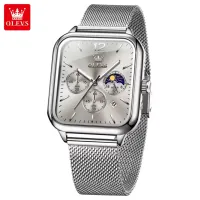 OLEVS 9914 Men's Watches Original Fashion Quartz Wristwatch Mesh Steel Waterproof Luminous Moon Phase Chronograph Square Watch